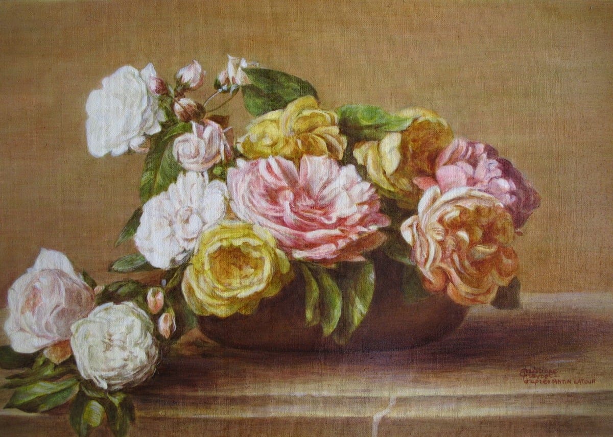 Huile : «Roses dans une coupe» d'après Fantin-Latour